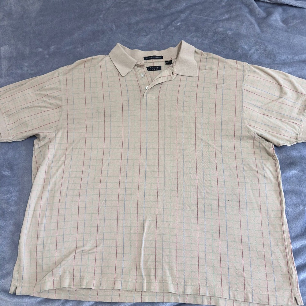 Harold Powell Men's XXL Polo Shirt Beige Grid Stripe Mercerized Cotton Preppy